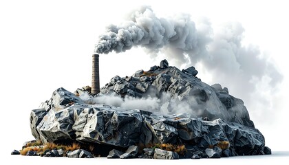 Stone island emitting smoke from a brick chimney, clouding the air, isolated on white background