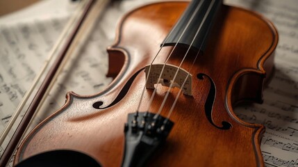 Naklejka premium Close-up of a classical violin with a bow on vintage sheet music — musical inspiration concept