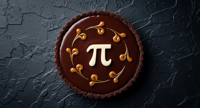 Delicious chocolate tart decorated with a white pi symbol and caramel swirls