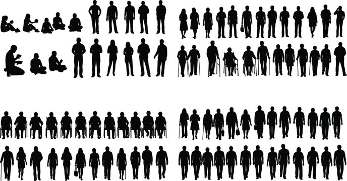 Collection of people silhouettes showing different ages and abilities, standing, walking, sitting and wheelchair figures, human diversity illustration isolated on white background