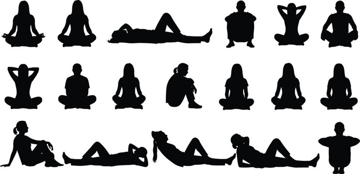 Collection of people sitting and lying silhouettes in relaxed yoga and meditation poses, calm men and women body positions isolated on white background