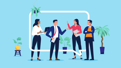 Diverse group of four business professionals having a productive discussion and sharing ideas inside a large white speech bubble frame, flat design vector illustration