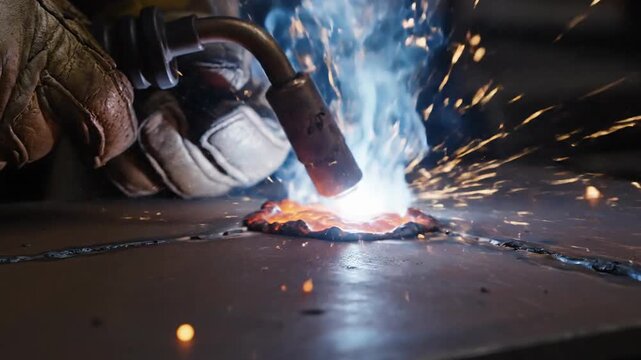 Close-up of a welder's gloved hand using a MIG torch, creating sparks and blue smoke