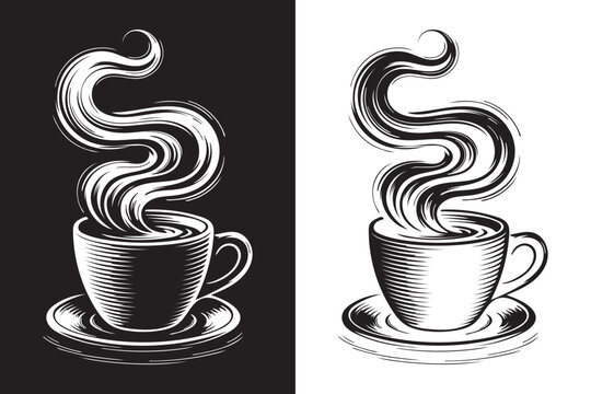 Vintage Engraved Coffee Mug with Swirl Steam. Minimalist Coffee Cup Line Art on Black and White Background. 