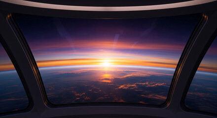 Naklejka premium View of Earth's Sunrise from Spacecraft Window with Starry Sky