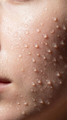 Fototapeta premium Water droplets rest on skin surface showing texture and freshness. Bright light highlights details on clean skin. Concept of skincare, beauty, wellness, personal care