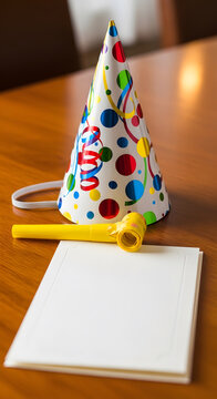 Colorful party hat and noisemaker on a white plate for celebration