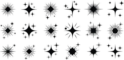 Collection of sparkle and starburst silhouettes, abstract shining stars and light effects, decorative design elements and magic symbols illustration isolated on white background © Md