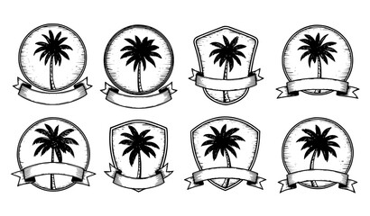 Obraz premium Vintage Engraved Palm Tree Badge Vector Set for Logo Emblem and Identity Design