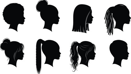 Female profile silhouette collection with diverse hairstyles, women head shapes, beauty and fashion concept, black illustration isolated on white background