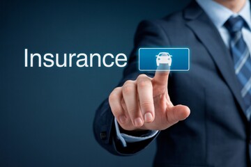 Businessman interacting with digital insurance policy interface on screen