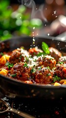 Steaming meatballs in a skillet with sauce and pasta are sprinkled with parmesan. Herbs garnish the meal