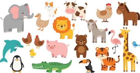 Handdoek met foto Dierentuin Cute animals collection farm safari and sea cartoon vector illustration isolated backgroundCute animals collection farm safari and sea cartoon vector illustration isolated background  © KP Studio