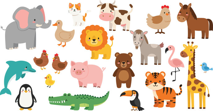 Cute animals collection farm safari and sea cartoon vector illustration isolated backgroundCute animals collection farm safari and sea cartoon vector illustration isolated background