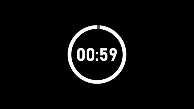 1 Minute countdown animation on black background. 1 minute timer on stopwatch on black background.