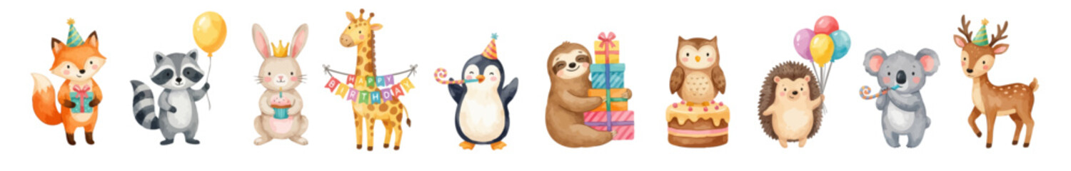Cute watercolor party animals: fox, sloth, hedgehog, owl, deer, penguin koala. Collection of Vector illustrations. Perfect for invitation, card, poster, banner, decoration. © maria