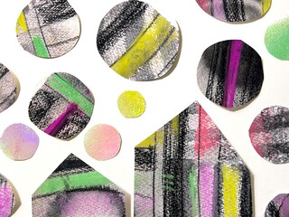 Pastel and conte collage illustration with a gentle atmosphere, featuring polka dots, houses and buildings.