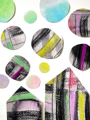 Pastel and conte collage illustration with a gentle atmosphere, featuring polka dots, houses and buildings.