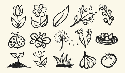 Spring season doodle collection. Abstract ink spring floral botany vector elements. Spring scribble hand drawn illustration set containing flowers, leaves, insects, vegetables, eggs, dandelion. © Dean