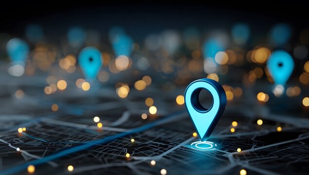Abstract digital map showing various blue glowing navigation location markers and pins on dark grid urban cityscape background for global logistics delivery services and tracking technology