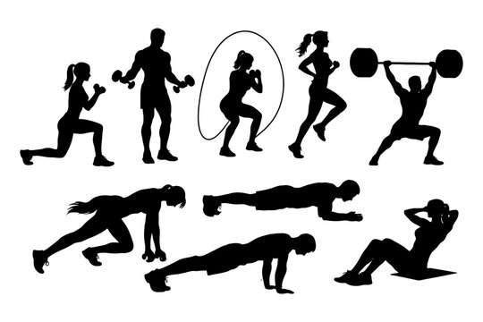 Silhouettes of diverse fitness activities and exercises.