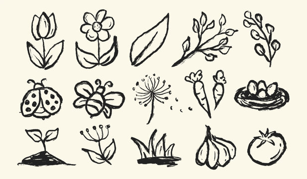 Spring season doodle collection. Abstract ink spring floral botany vector elements. Spring scribble hand drawn illustration set containing flowers, leaves, insects, vegetables, eggs, dandelion.