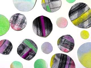 Pastel and conte collage illustration with a gentle atmosphere, soft polka dot pattern background.