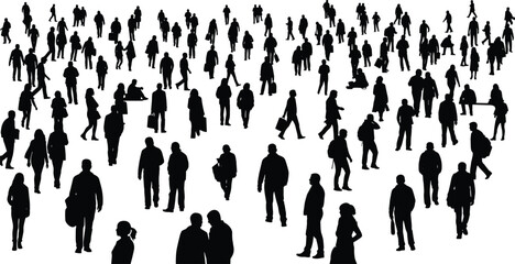 Large crowd of people silhouettes walking and standing, men and women commuters in urban public space, social movement concept illustration isolated on white background © Md
