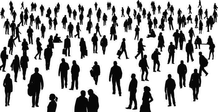 Large crowd of people silhouettes walking and standing, men and women commuters in urban public space, social movement concept illustration isolated on white background
