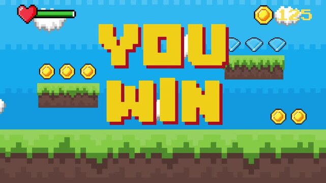 Celebrate a triumphant pixel art game victory with 'YOU WIN' message on a retro platformer screen, capturing the essence of digital success and classic gaming achievement