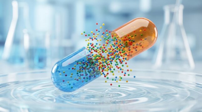 Macro view of a pill breaking down and releasing active ingredients. High quality pharmaceutical concept suitable for medical advertising.