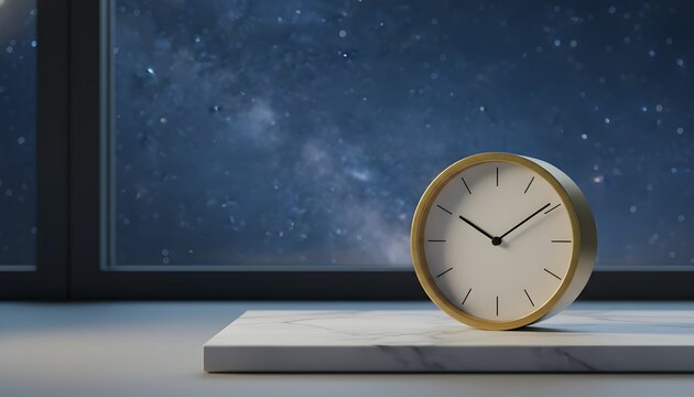 A minimalist clock facing the vast night sky filled with twinkling stars through a window, illustrating the Daylight Savings time concept.