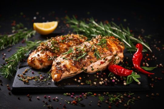 Grilled chicken breasts serving on a dark slate plate with fresh herbs and spices