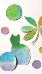 Pastel collage illustration of a scene with a cat, various-sized polka dot pattern in soft pastel tones.