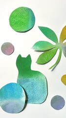 Pastel collage illustration of a scene with a cat, various-sized polka dot pattern in soft pastel tones.