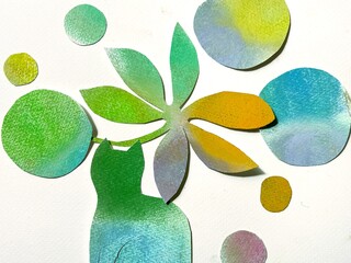 Pastel collage illustration of a scene with a cat, various-sized polka dot pattern in soft pastel tones.