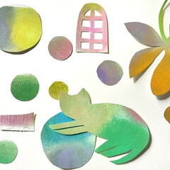 Pastel collage illustration of a scene with a cat, various-sized polka dot pattern and an arched window motif in soft pastel tones.