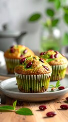 Three muffins topped with red beans on a plate with greenery, soft lighting, and blurry background
