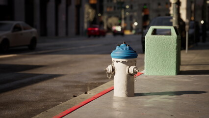 A bright blue topped hydrant stands on the sidewalk of a quiet city street. Nearby, a green trash can waits for disposal. Sunlight shines down, creating shadows in the late afternoon. © icetray