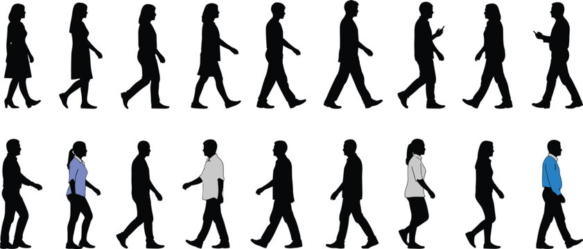 Side view collection of people walking silhouettes in everyday motion, men and women profiles isolated on white background for design use