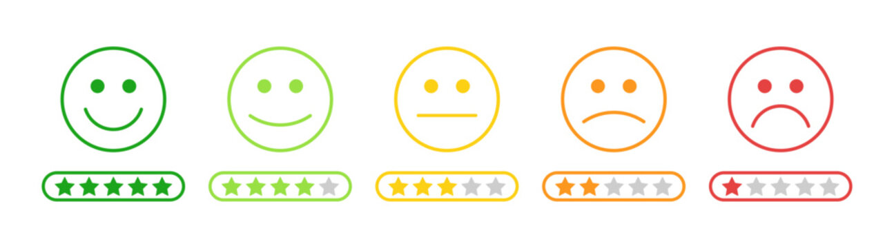 Customer satisfaction rating scale with emoji faces and star review vector illustration isolated on transparent background