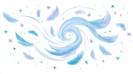 Magic wind swirl with floating feathers and stars,  white background