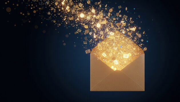 Abstract technology concept showing digital communication mail message send notification, envelope letter icon, electronic mail design with modern gold glowing effect
