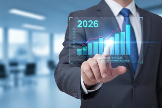 2026 finance chart visualizes business growth trend, new year goal tracking via datum analysis, strategy planning, performance forecast, future resolution focus.