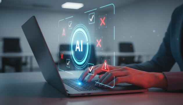 AI technology system drives compliance ethic transparency validation integrity accuracy; warning alert keeps secure cyberspace safety, responsibility, risk, intelligence.