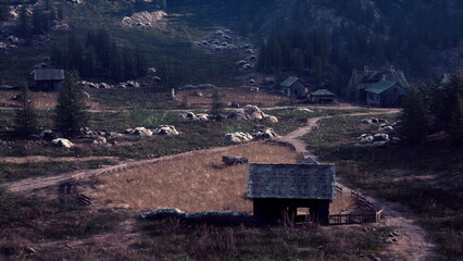 A tranquil scene of an open field with dry grasses gently swaying. Abandoned houses and rocky hills create a peaceful rural setting under a soft sky, evoking nostalgia for simpler times. © icetray
