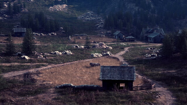 A tranquil scene of an open field with dry grasses gently swaying. Abandoned houses and rocky hills create a peaceful rural setting under a soft sky, evoking nostalgia for simpler times.