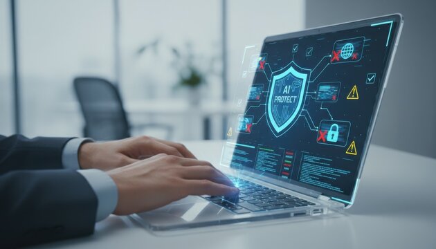Warning alert for risk in cyberspace: ai intelligence plus technology system boosts compliance ethic responsibility safety, delivering secure accuracy integrity transparency validation.