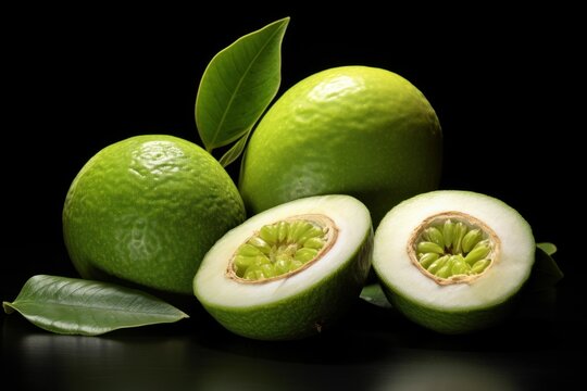 Monk fruit, also known as luo han guo, showing whole and halved fresh healthy fruit