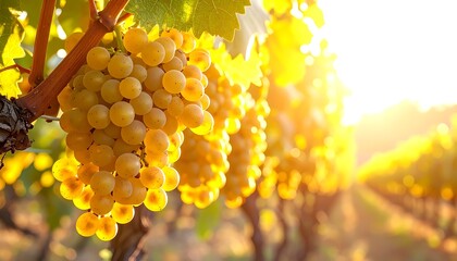 Sunlit clusters of golden grapes hang from vines in a vineyard row, bathed in warm, golden light
